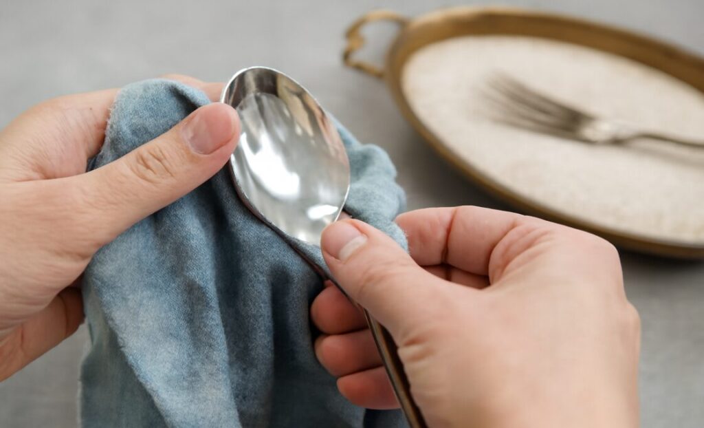 Close-up of hands carefully polishing stainless steel spoon using microfiber cloth, demonstrating traditional hand polishing technique.